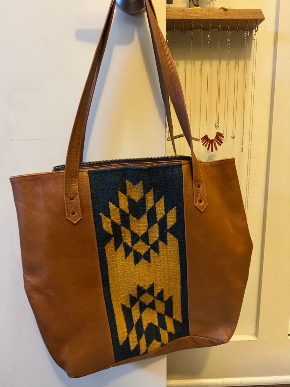 Leather Bag CONVERTIBLE with Geometric Wool Panel - Tan and Mustard